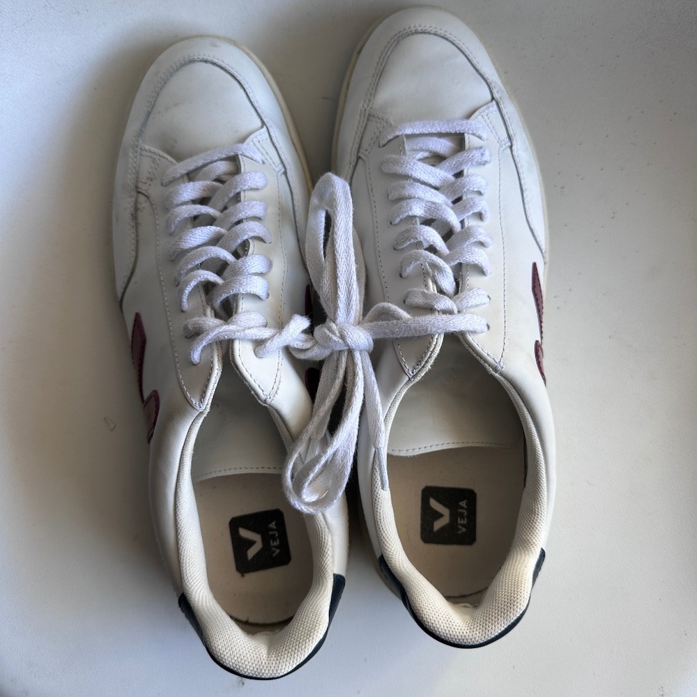 Veja V-12 Leather Low Sneakers in Extra White, Marsala, and Nautico
